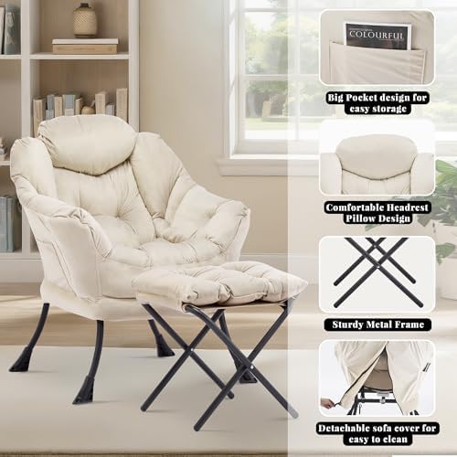 Lazy Chair with Ottoman, Comfy Reading Chair, Ivory