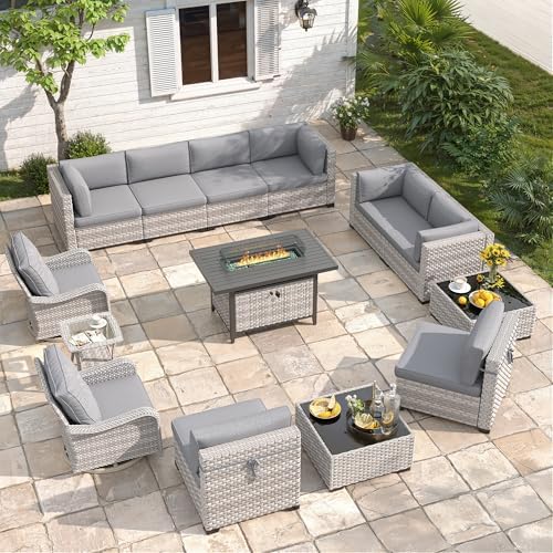 10-Seat Outdoor Wicker Patio Furniture Set with Fire Pit Table, Modular Rattan Sectional Sofa & 2 Swivel Rocking Chairs, 4" Thick Cushions, Rust-Resistant Frame,Gray