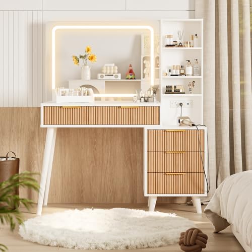 Makeup Vanity Desk with Mirror and Lights, Makeup Desk with 3 Shelves& 5 Drawers, Vanity Table with Power Outlet, 3 Color Adjustable Lighting Dressing Table Set for Bedroom