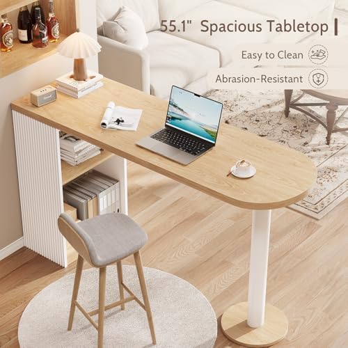 55" Bar Table with Storage, Modern Counter Height Pub Table, Oak