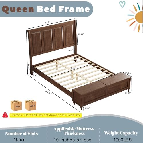 Queen Bed Frame with 53" Tall Headboard and Storage Bench, Solid Wood Queen Size Platform Bed with 64" Footboard Storage Chest,Heavy Duty Slats System,No Box Spring Needed, Wanlut