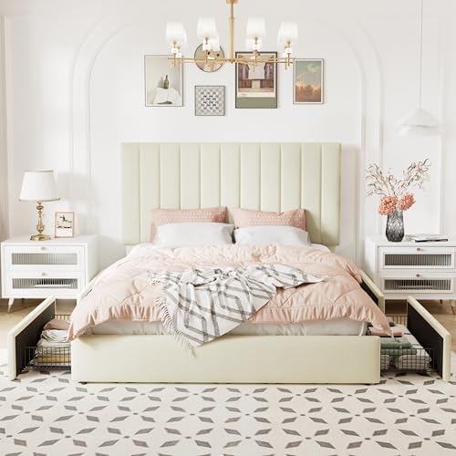 Allewie Full Size Storage Bed Frame, Vertical Channel Tufted Adjustable Headboard, Velvet Upholstered Platform Bed with 4 Oversized Underbed Drawers, Wooden Slats Support, No Box Spring Needed, Cream