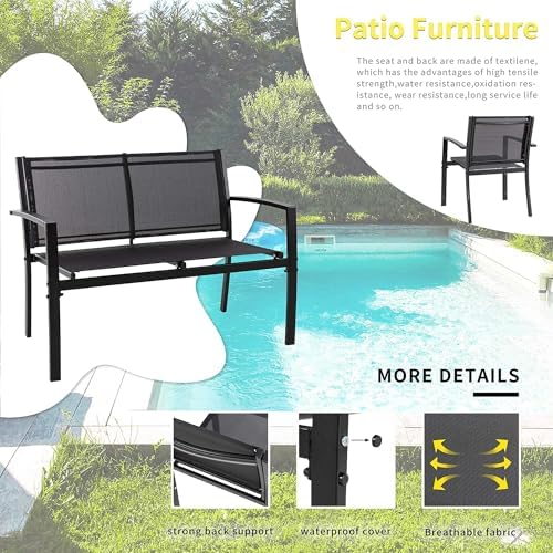 Shintenchi 4 Pieces Patio Furniture Set All Weather Textile Fabric Outdoor Conversation Set, with Glass Coffee Table, Loveseat, 2 Single Chairs for Home, Garden, Lawn, Porch（Black）