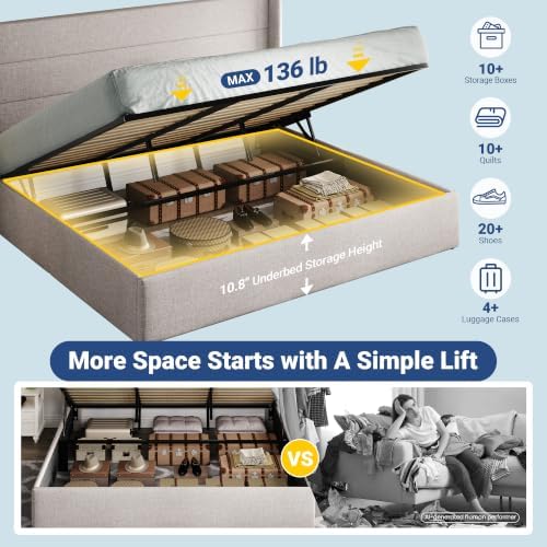Allewie King Size Lift Up Hydraulic Storage Bed Frame Light Beige