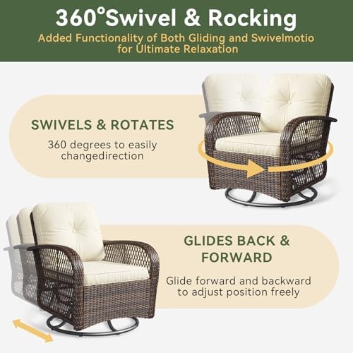 Aoxun 3 Pieces Patio Furniture Set, Patio Swivel Rocker Chairs Set of 2, Wicker Outdoor Bistro Set with Rocking Chair, Thickened Cushions and Table for Porch (Beige)