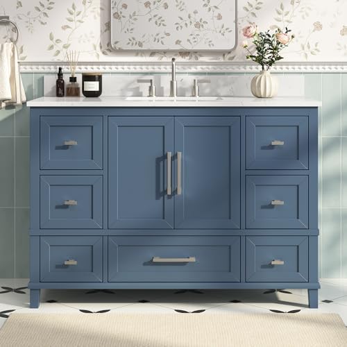 48 Inch Fully Assembled Bathroom Vanity with Sink, Modern Solid Wood Vanity with Soft Closing Doors & Dovetail Drawers, 48 Inch Vanity with Sink, Engineered Stone Top, Steel Blue