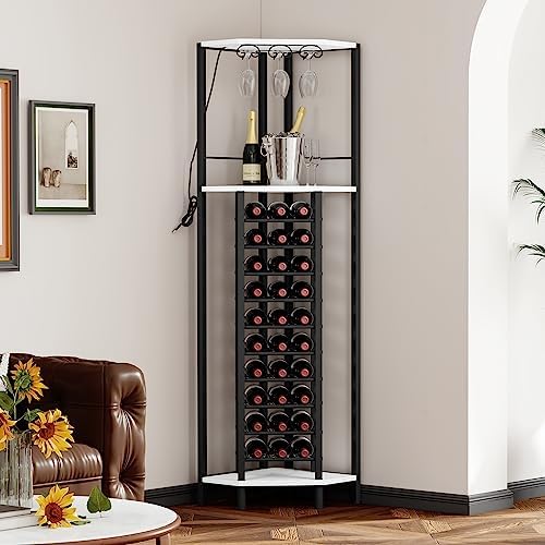 Homeiju Corner Wine Rack with Glass Holder and Led Strip Light, Corner Bar Wine Racks Freestanding Floor, Industrial Corner Bar Cabinet for Kitchen, Dining Room, Living Room or Cellar