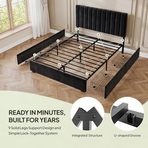 Welzona Full Size Upholstered Bed Frame with Headboard & 4 Drawers, Black