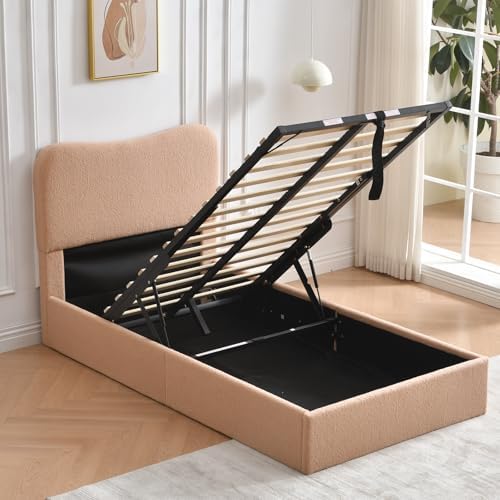 VELOCAVA Twin Size Lift-Up Storage Bed, Modern Upholstered Boucle Bed with Curved Headboard, Gas Lift Platform, Sturdy Wooden Slat Support, No Box Spring Needed, Easy Assembly, Blush Pink-Beige