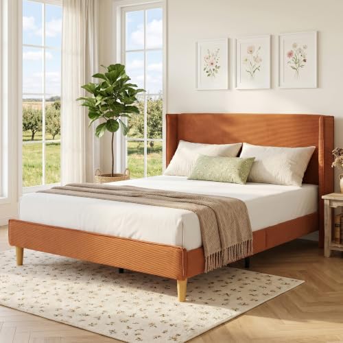 Full Corduroy Upholstered Platform Bed with Headboard Wingback, Ocher
