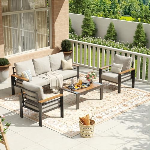 Aoxun Aluminum Patio Furniture Set 5 Seats, Oversized Outdoor Sectional with Washable Thick Cushions, Coffee Table, Patio Conversation Sets for Porch, Balcony, Deck