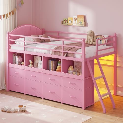 DICTAC Low Loft Bed Twin Size with 8 Drawers, 4 Bookcase & LED Lights, Pink