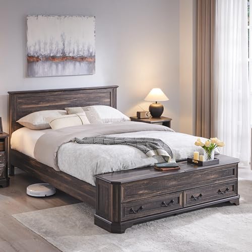 T4TREAM Farmhouse Queen Bed with Headboard and Storage Bench