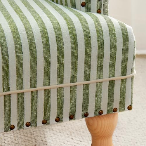 HUIMO Linen Fabric Accent Chair, Mid-Century Modern Upholstered Armchair with Solid Wood Legs, Comfy Reading Club Chair for Living Room Bedroom (1, Green and White Stripe)