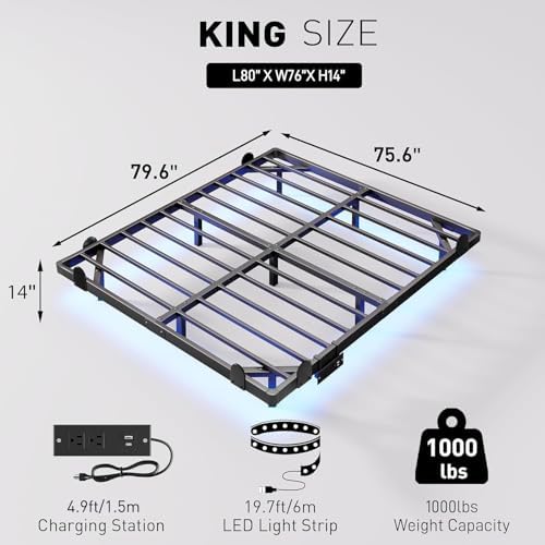 qimamo 14 Inch Floating King Bed Frame with Smart LED Lights and Charging Station, Modern Metal King Bed Frame, Easy to Assemble, No Box Spring Needed