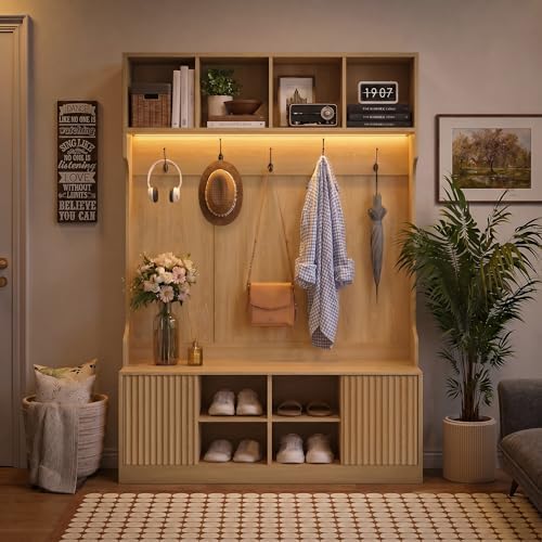 5-in-1 Hall Tree with Bench and Shoe Storage with LED Sensor Light, OAK丨Entryway Coat Rack with Hooks and Storage Cubes, Shoe Cabinet with Fluted Door, Modern Hall Tree for Entryway, Living Room
