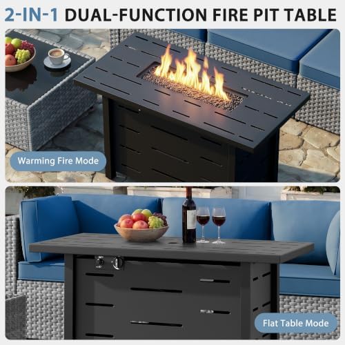 Shintenchi 6 Piece Outdoor Patio Furniture Set with 43 Inch Propane Fire Pit, Washable Cushions, Glass Coffee Table, Waterproof Cover & CSA Certified for Backyard Poolside, Silver PE Rattan/Navy Blue