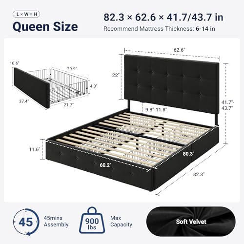 Allewie Queen Size Storage Bed Frame with 4 Underbed Drawers, Upholstered Platform Bed with Adjustable Headboard, Square Button Tufted, Easy Assembly, Noise-Free, No Box Spring Needed, Soft Black