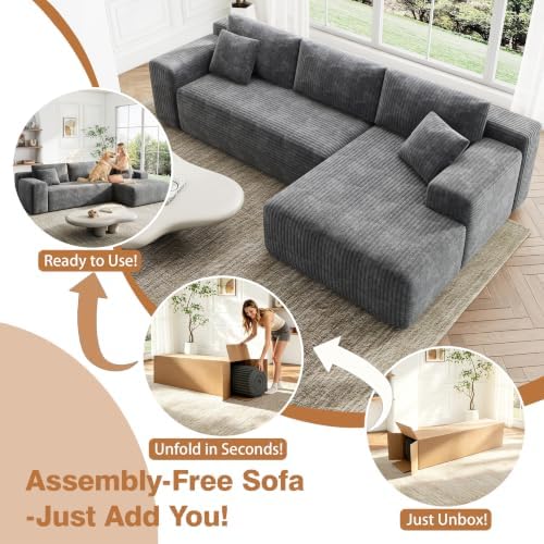 96'' L-Cloud Sectional Boneless Couches for Living Room, Corduroy Fabric Modular Sectional Sofa with Chaise, Cloud-Couch Deep Seat Sofa, No Assembly Required, Gray