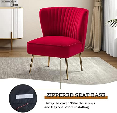 HULALA HOME Velvet Accent Chair, Modern Upholstered Cute Side Chair with Gold Metal Legs, Armless Wingback Slipper Chair Comfy Living Room Chair for Bedroom Guest Room Vanity,RED