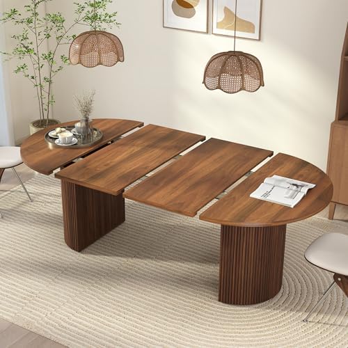 41 in-78 in Extendable Dining Room Table for 4-8, Round Expandable Kitchen Table with Fluted Base, Modern Farmhouse Oval Dinner Tables for Dining Room Kitchen Living Room (Walnut)