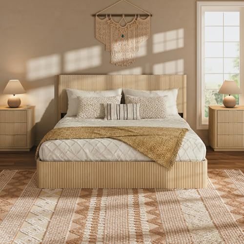 VMU Fluted Queen Size Platform Bed Frame with Lift up Storage