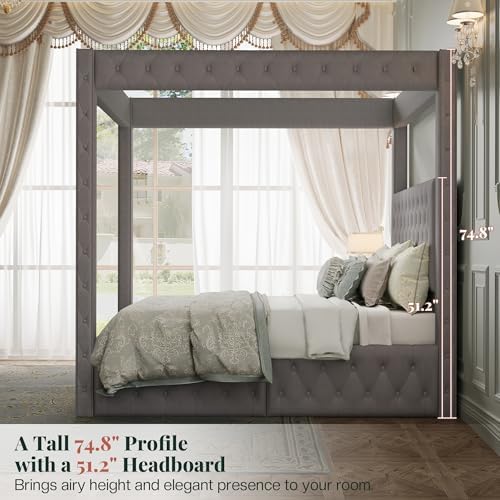 Jocisland King Canopy Bed Frame Velvet Upholstered Headboard,Grey