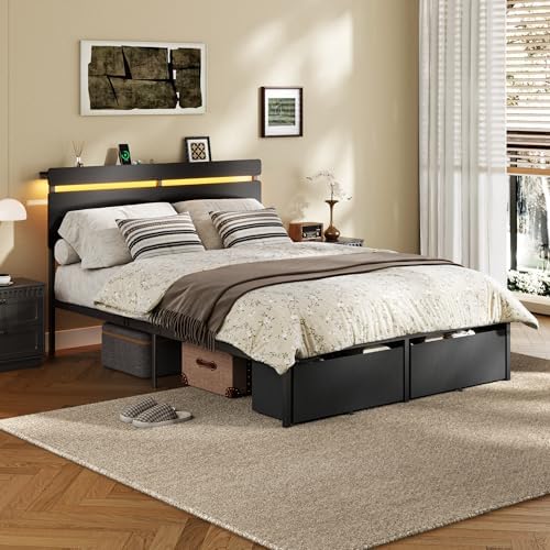 Forestell Full Size Bed Frame with Wood Headboard,2 Storage Drawers & Shelf