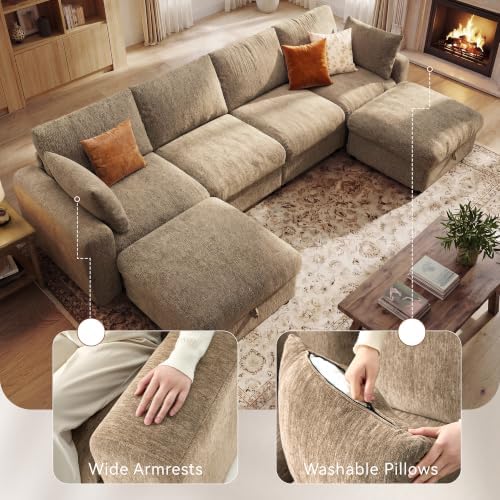 Ihanherry 141" Oversized Cloud Sectional Couches for Living Room, Modular Sectional Sofa with Wide Deep Seat, U Shaped Couch with Throw Pillow and Storage Ottoman, Brown