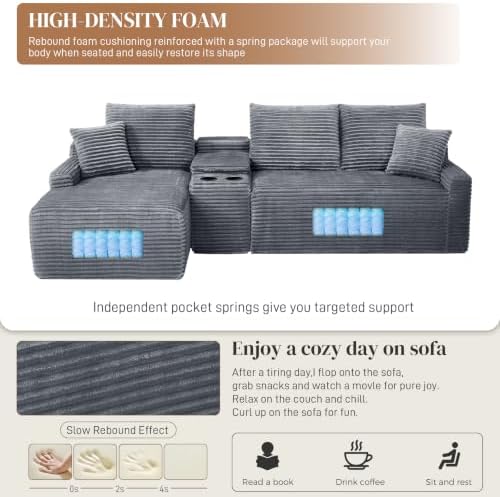 95" L Shaped Cloud Couch Modular Sectional Sofa, Comfy Fluffy Corduroy Grey Boneless Sectional Couches for Living Room, Modern Cloud Sofas with Cup Holders & Left Facing Chaise, Grey
