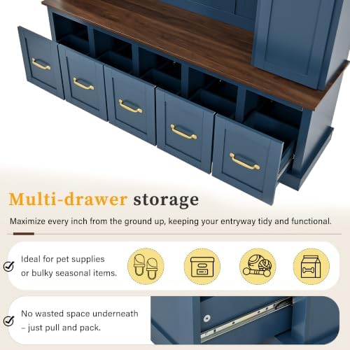 RuiSiSi Entryway Storage Organizer with Top Cabinet, Hooks and Shoe Bench, Navy Blue