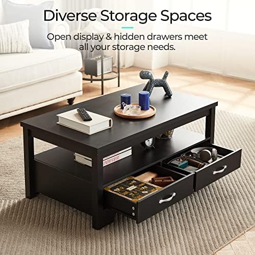 LINSY HOME Living Room Table Sets 4 Piece with TV Stand, Farmhouse TV Stand for 65 Inch TV, Coffee Table with Drawers, Two End Table with Charging Station, Black