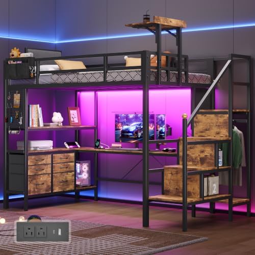 Dnxao Twin Loft Bed with Desk, 6 Drawers & Foldable Bed Table, Rustic Brown