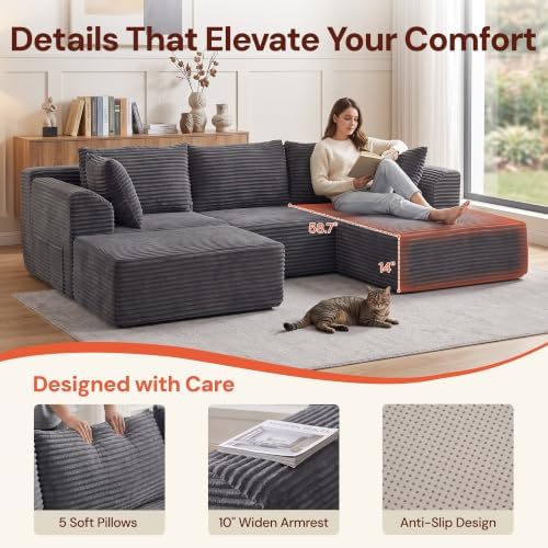 Korser 110" Boneless Couch, Modular Sectional Sofa, U-Shaped Couch with Deep Seat, Boneless Cloud Couch with Side Pockets for Living Room, Apartment, No Assembly Required, Comfy Corduroy