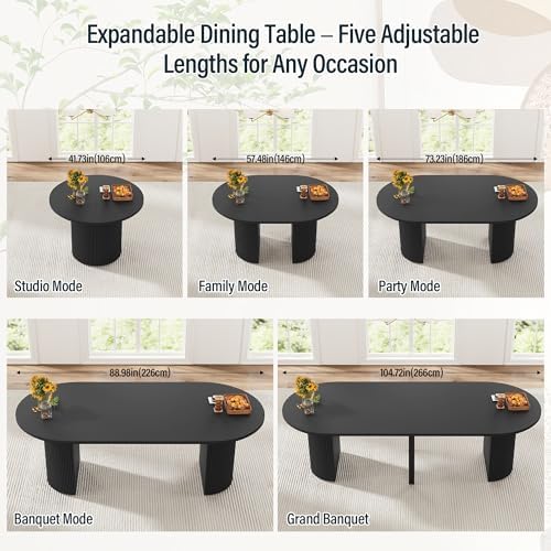 weselon 42"-105" Extendable Dining Table for 4-12, Expandable Oval Dining Room Table with Fluted Pedestal Base & Reinforced Metal Support Leg, Large Modern Kitchen Table for Dining Room (Black)