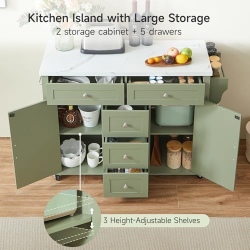 ONBRILL 47" Kitchen Island with 2 Storage Cabinets & 5 Drawers, Green