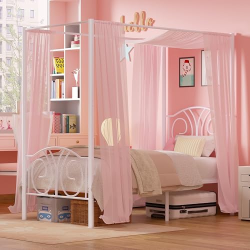 VECELO Twin Canopy Bed Frame, Vintage Scrollwork Headboard, Pure White
