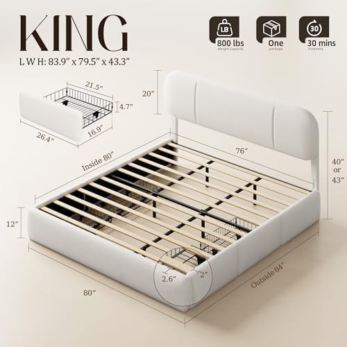 King Size Bed Frame with Storage, Boucle Cloud Bed with 4 Locking Drawers & LED Lights, Modern Upholstered Platform Bed, Plush Sides & Footboard, Adjustable Headboard, No Box Spring, Cream