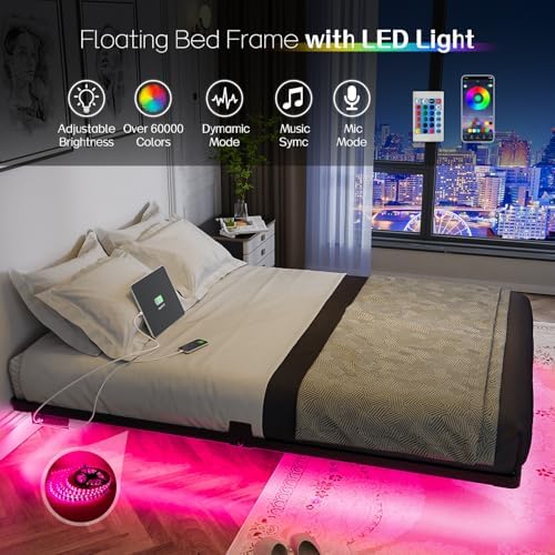 OLEVS Floating Bed Frame Full Size Metal with LED Light & Charging Station