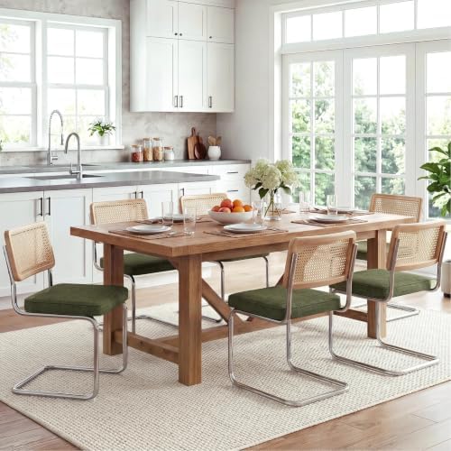 Zesthouse Natural Rattan Dining Chairs Set of 6, Mid Century Modern Dining Chairs with Solid Wood Back & Chrome Base, for Kitchen Living Room, Breuer Design Inspired, Upholstered Linen Fabric, Green