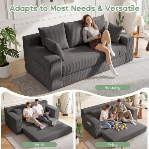 Boneless Couch for Living Room, 3 Seater Convertible Sofa Bed in Box, Grey