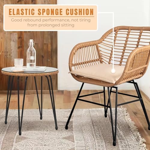 3 Piece Outdoor Wicker Furniture Bistro Set, Rattan Chairs Conversation Sets Wicker Patio Furniture for Balcony Poolside Backyard, Beige
