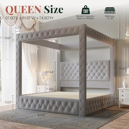 Jocisland Queen Canopy Bed Frame Velvet Upholstered Headboard, Grey