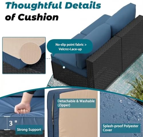 SUNLEI 7pcs Patio Conversation Sets Outdoor Furniture Sets, High Back All-Weather Rattan Sectional Sofa with Tea Table&Washable Couch Cushions(Black Rattan)(Aegean Blue)