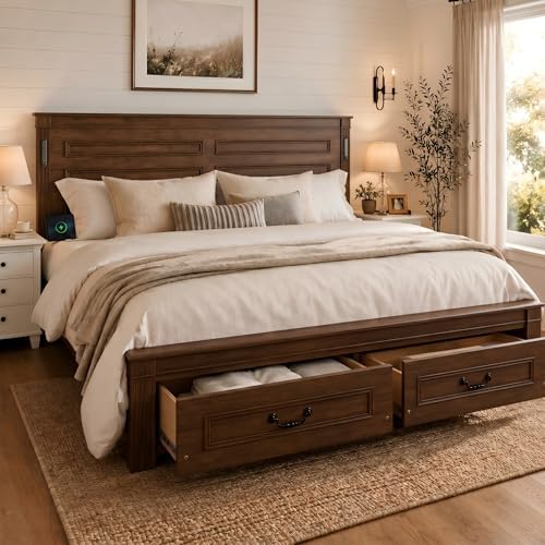 King Size Bed Frame with 2 Storage Drawers & Tall-Panel Headboard and Footboard, Wood Platform Storage Bed Built-in LED Lights, USB Charging Station, No Box Spring Required (Walnut)