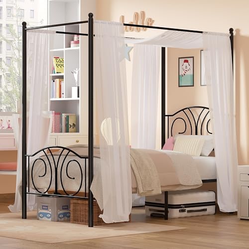 VECELO Twin Canopy Bed Frame, Vintage Scrollwork Headboard, Matte Black
