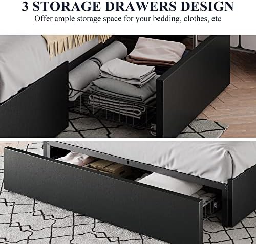 Allewie Queen Size Platform Storage Bed Frame with 3 Drawers, Black