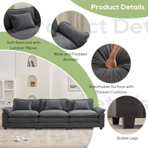 Oprisen 120" Modular Sectional Sofa, Comfy 3 Seater Deep Cloud Couch