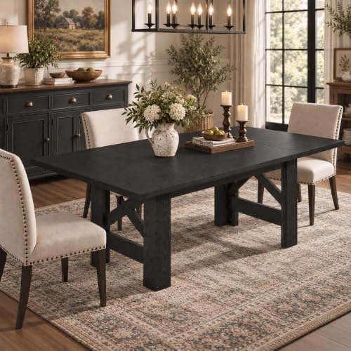 IDEALHOUSE 71" Long Dining Table for 6-8, Farmhouse Wooden Barn Kitchen Table for 6, Triangular Legs, Large Dining Room Table w/Thick Tabletop, Sturdy Frame, for Dinner, Kitchen, Office, Rustic Black