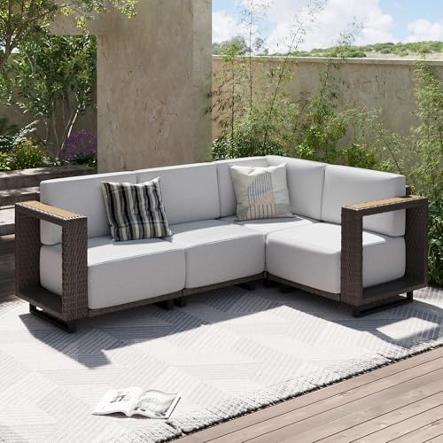 Aoxun Patio Furniture Set, 4 Piece Outdoor Sofa Set, Brown/Light Gray